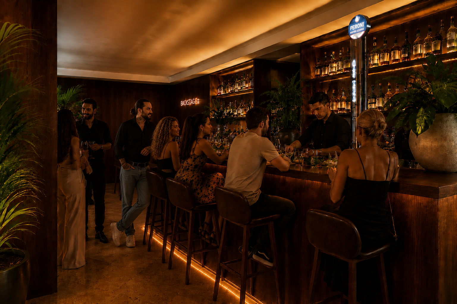 MALA restaurant and bar interior with turquoise lighting, palms and natural stone